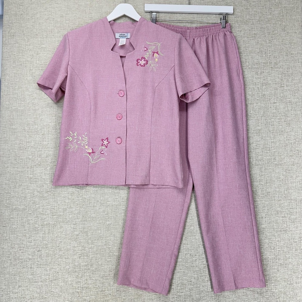 Adrian Delafield Pants Set Womens Medium‎ Pink 2 Piece Floral Embroidered Outfit
